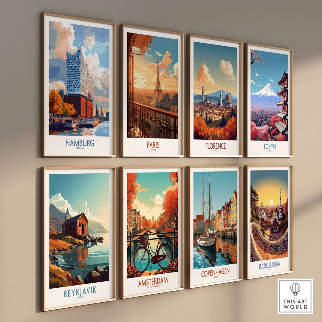 A vibrant wall display of city posters featuring Hamburg, Paris, Florence, Tokyo, Reykjavik, Amsterdam, Copenhagen, and Barcelona.