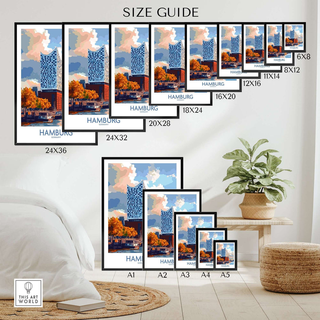 Size guide for Hamburg poster prints displayed in various dimensions on a stylish interior backdrop.