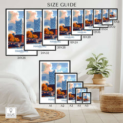 Hamburg Poster Germany size guide showcasing various frame sizes and design features.