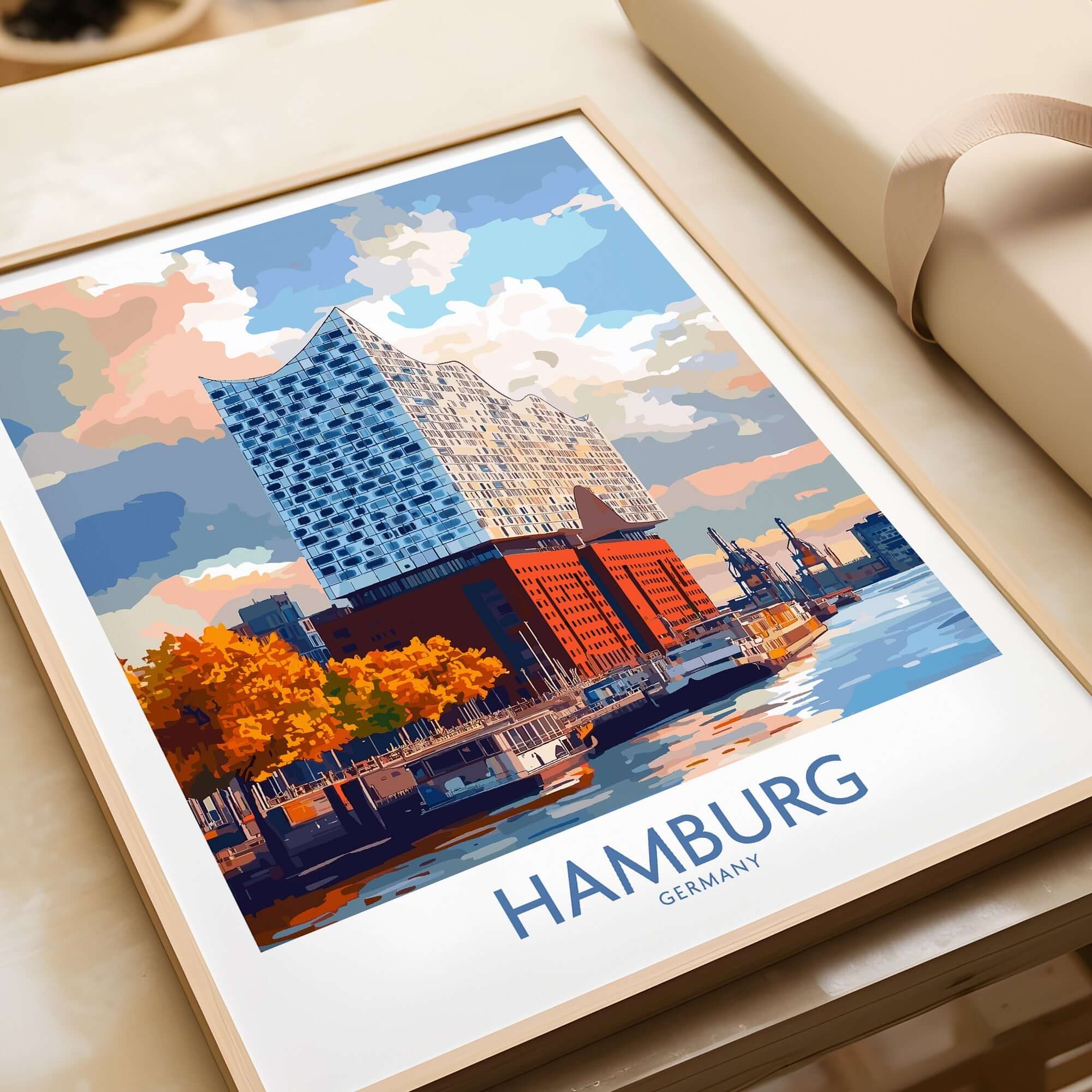 Hamburg Poster Germany featuring the iconic Elbphilharmonie on the Elbe river in a vibrant artistic style.