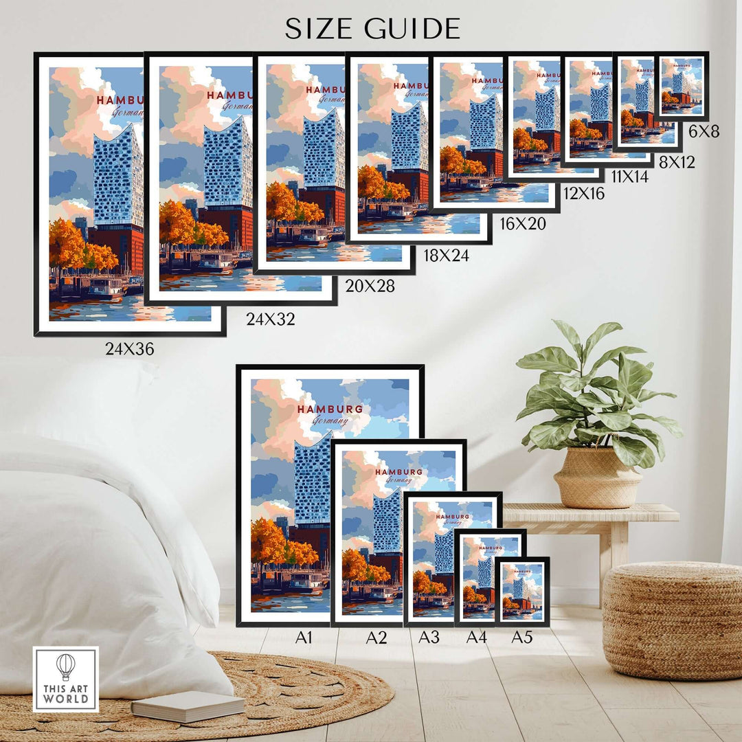 Size guide for Hamburg Print featuring Elbphilharmonie, showcasing various frame sizes for home decor options.