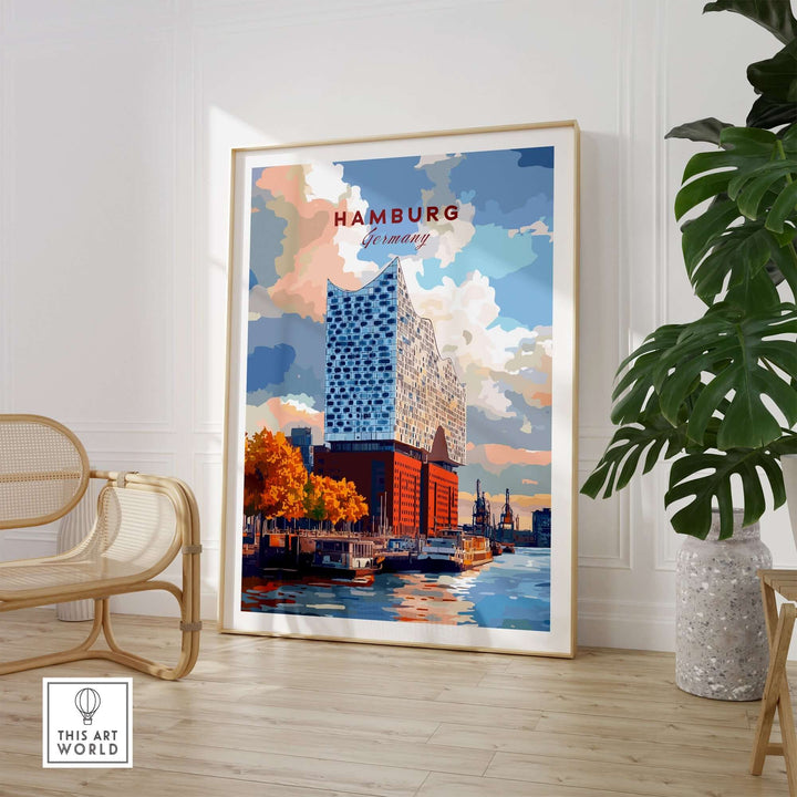 Hamburg print featuring the Elbphilharmonie, showcasing vibrant colors and city charm in stylish home decor.