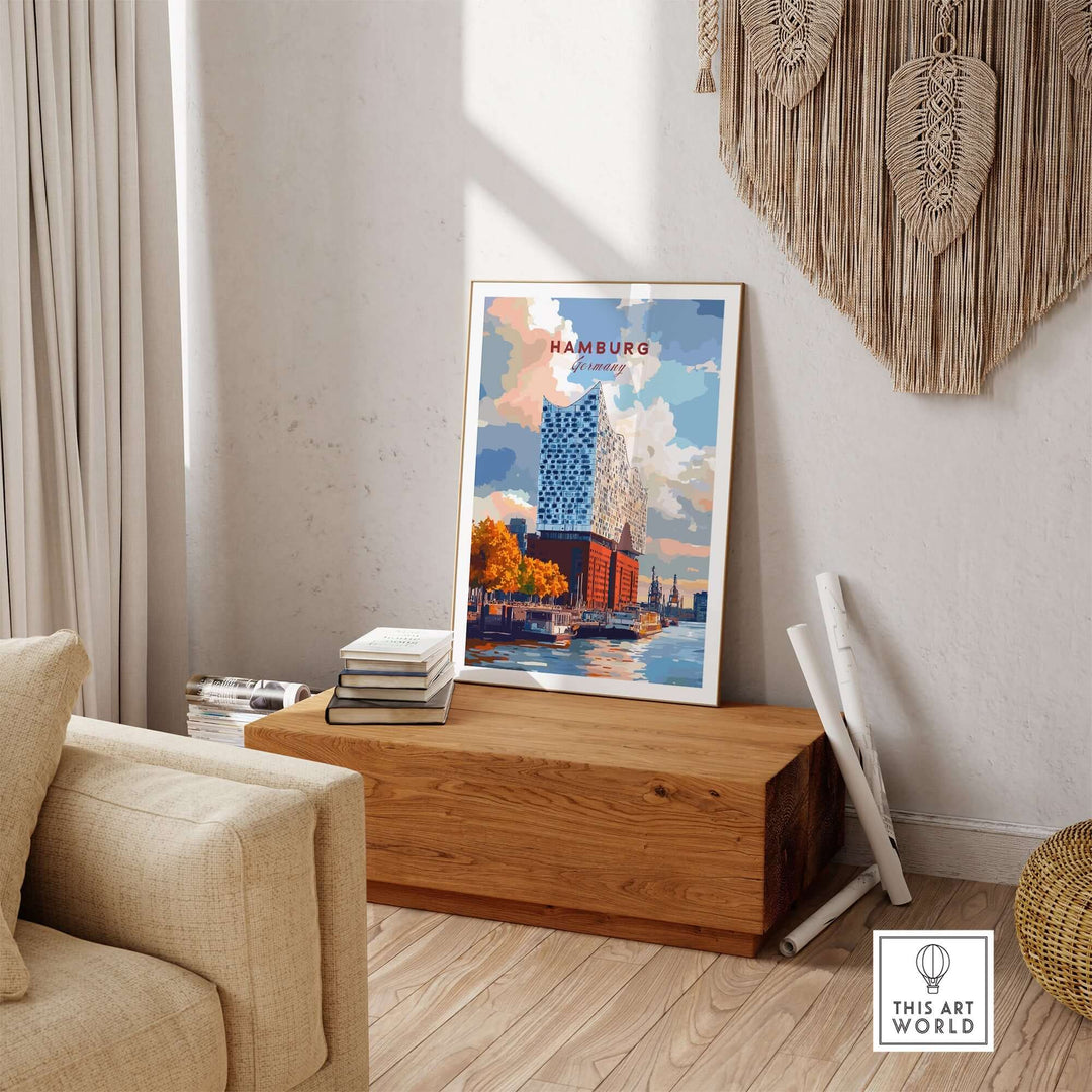 Vibrant Hamburg print featuring the Elbphilharmonie displayed in a stylish home interior, enhancing decor with a cultural touch.