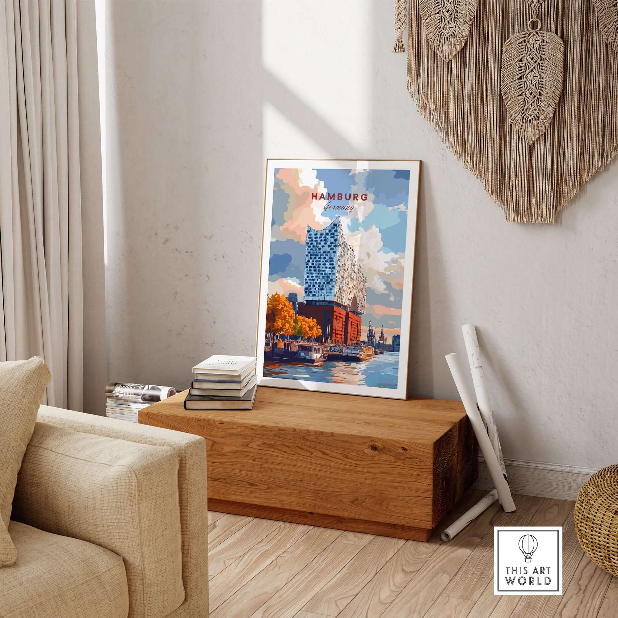 Hamburg Print Germany featuring the Elbphilharmonie in a vibrant art style, perfect for home decor.
