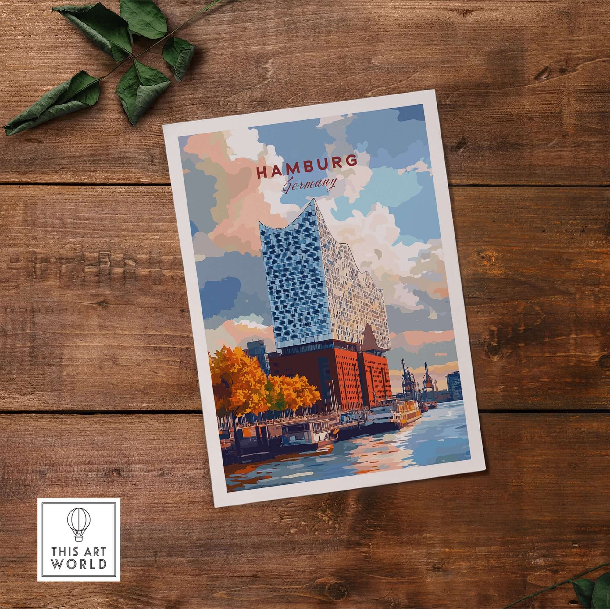 Hamburg Print Germany featuring the iconic Elbphilharmonie, capturing the charm of Hamburg in vibrant colors.