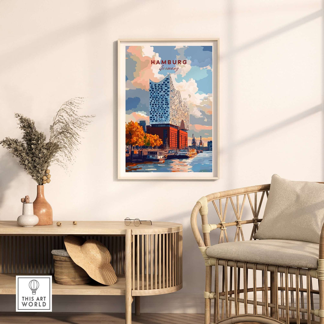 Hamburg print featuring the iconic Elbphilharmonie, showcasing vibrant colors and urban charm in a stylish home setting.