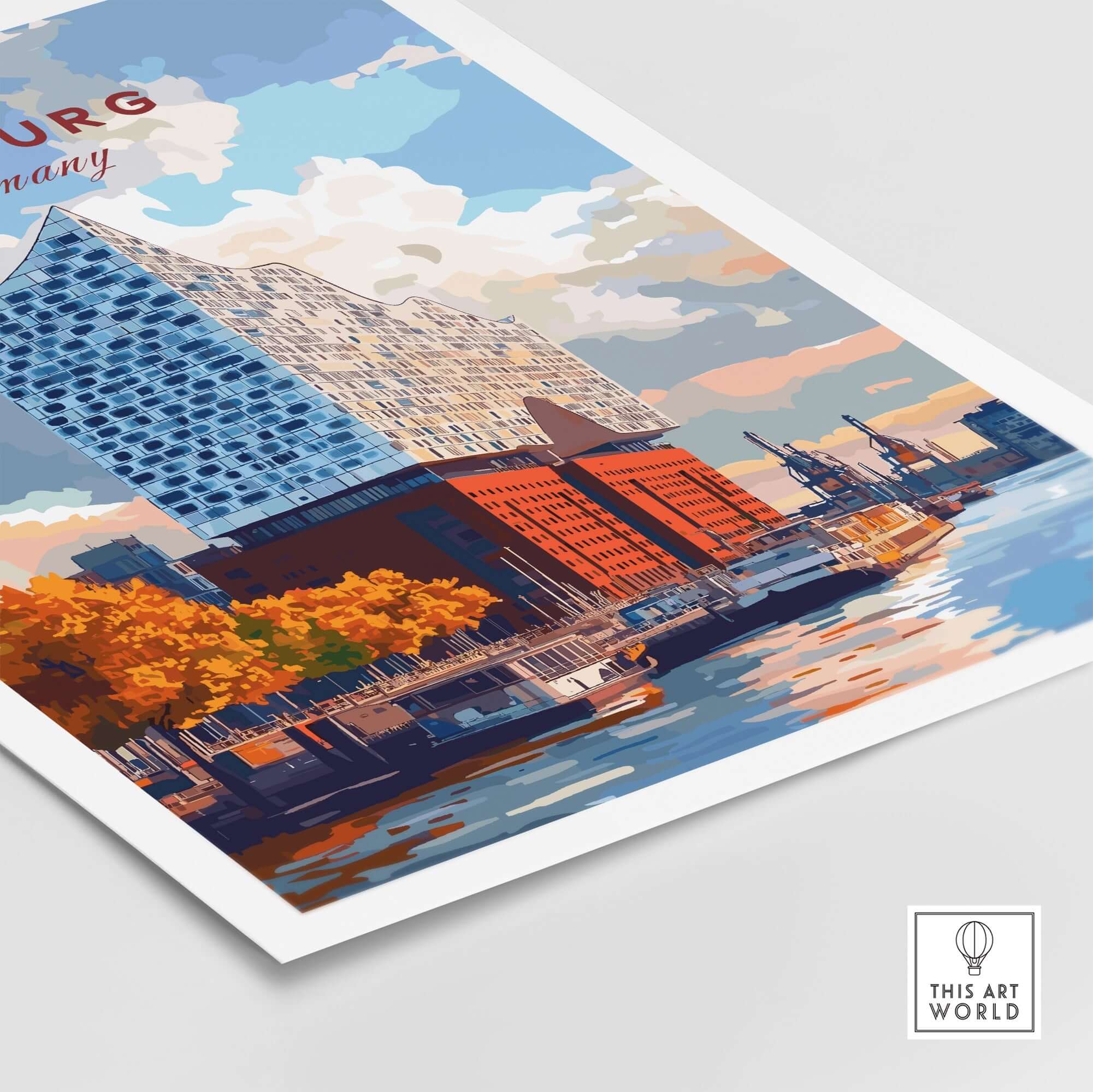 Hamburg Print Germany featuring the iconic Elbphilharmonie with vibrant colors and scenic views.