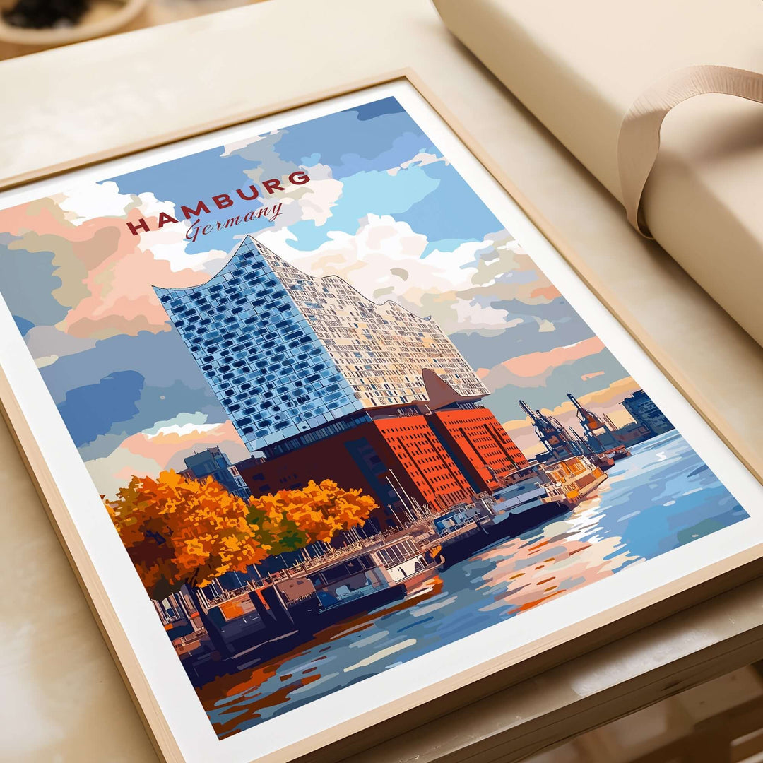 Vibrant Hamburg Print featuring Elbphilharmonie, showcasing the iconic architecture and charm of Germany's cityscape.