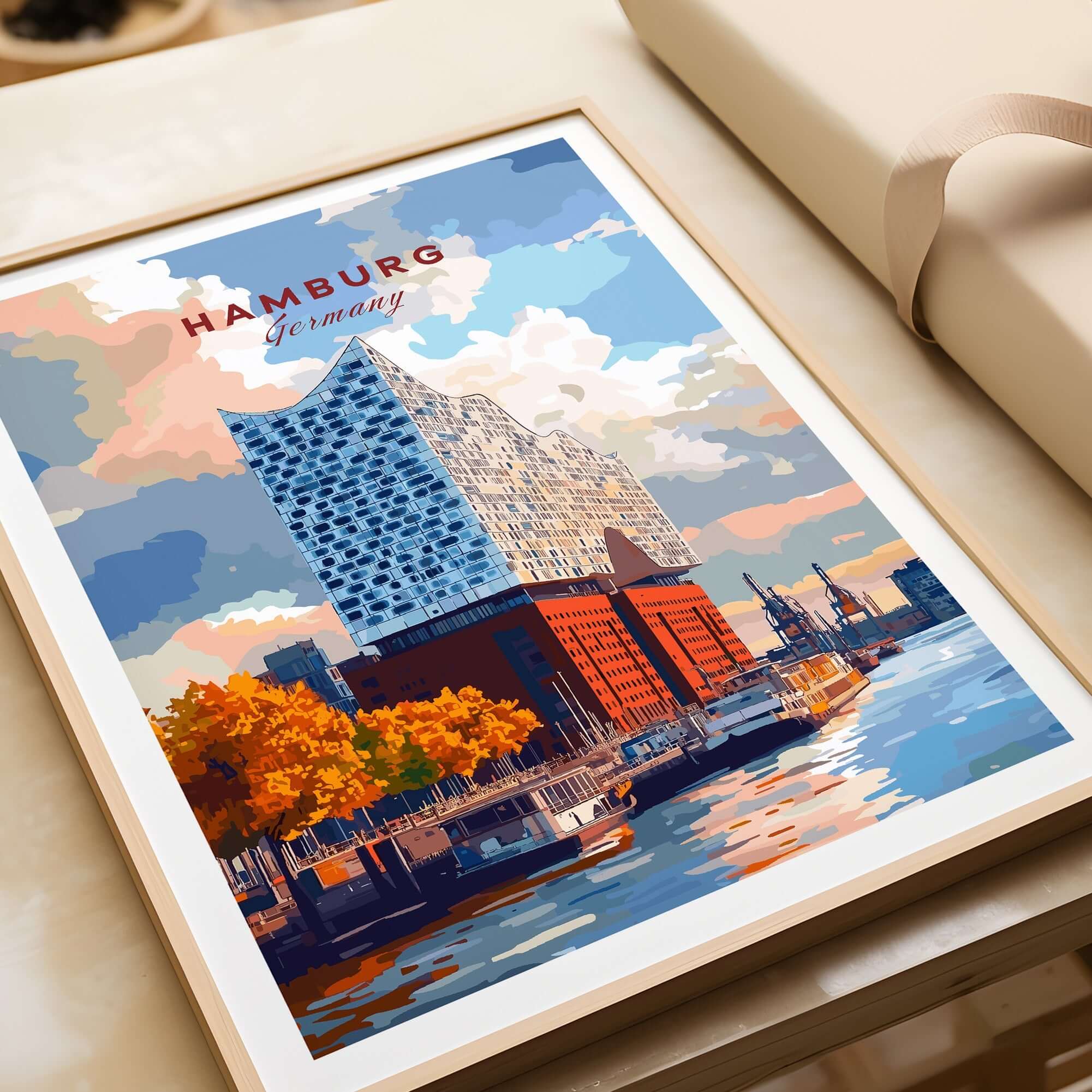 Hamburg Print Germany featuring the iconic Elbphilharmonie surrounded by vibrant colors and charming scenery.