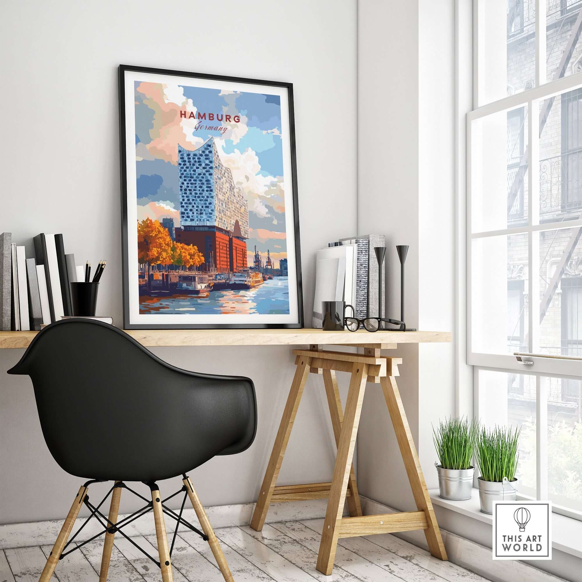 Hamburg Print Germany featuring the Elbphilharmonie in a stylish home office setting.