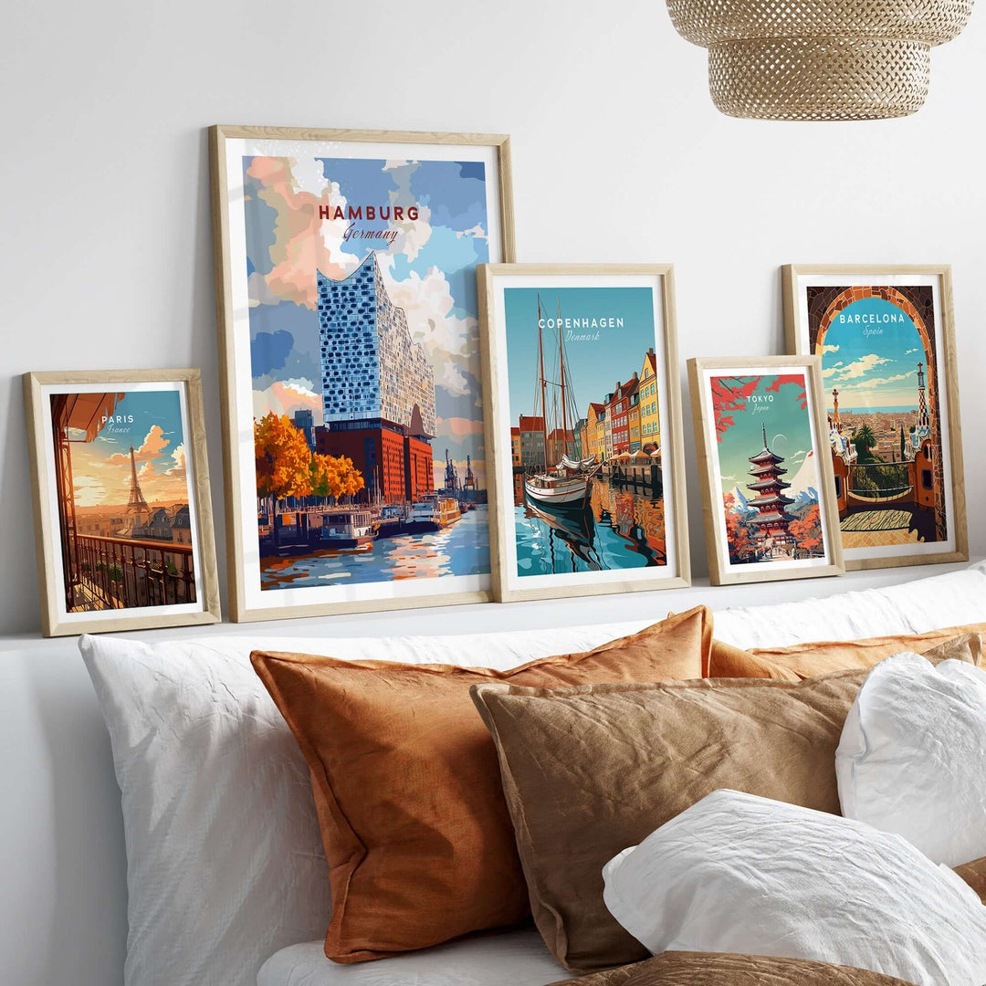 Hamburg print featuring the Elbphilharmonie alongside other city prints in a stylish home decor setting.