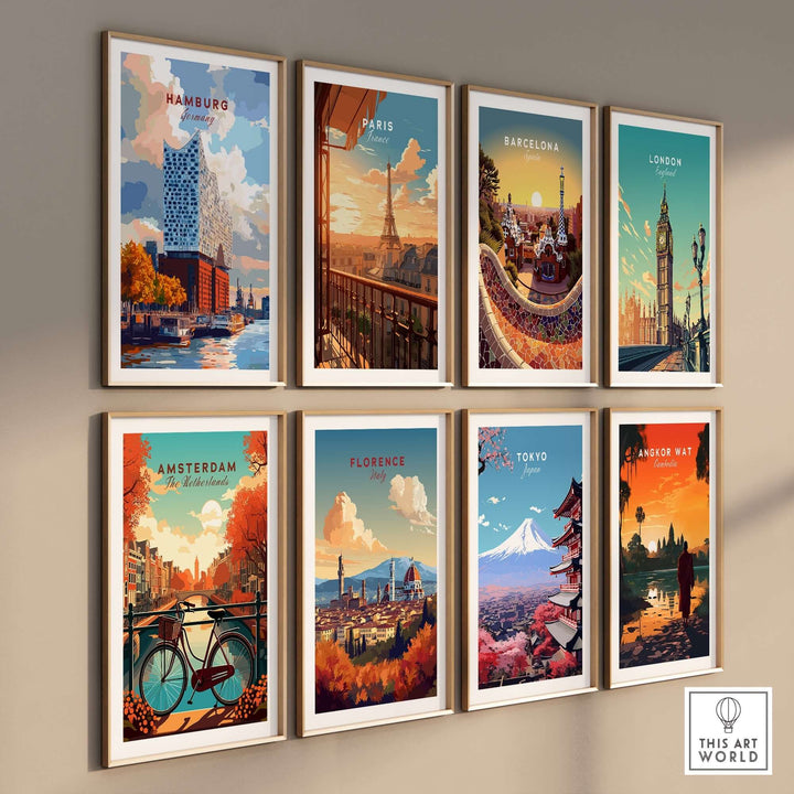 Nine vibrant city prints featuring Hamburg, Paris, Barcelona, London, Amsterdam, Florence, Tokyo, and Angkor Wat in framed displays.