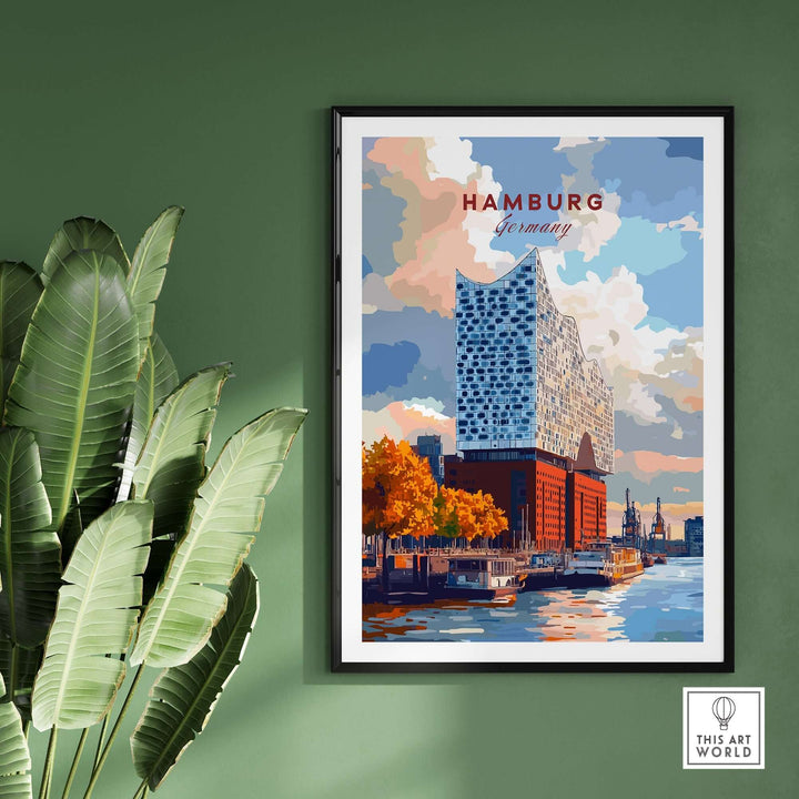 Vibrant Hamburg print featuring the iconic Elbphilharmonie, framed with green wall and indoor plants. Perfect for art lovers!