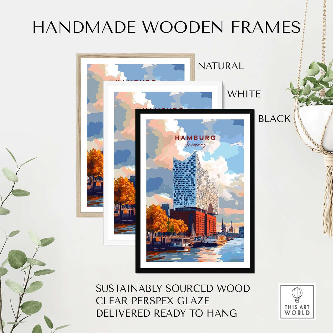 Handmade wooden frames in natural, white, and black, displaying a Hamburg print for stylish home decor.