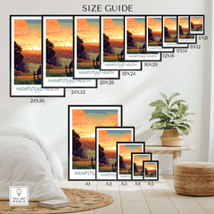 Size guide showcasing various dimensions for Hampstead Heath Poster art print in a stylish interior setting.