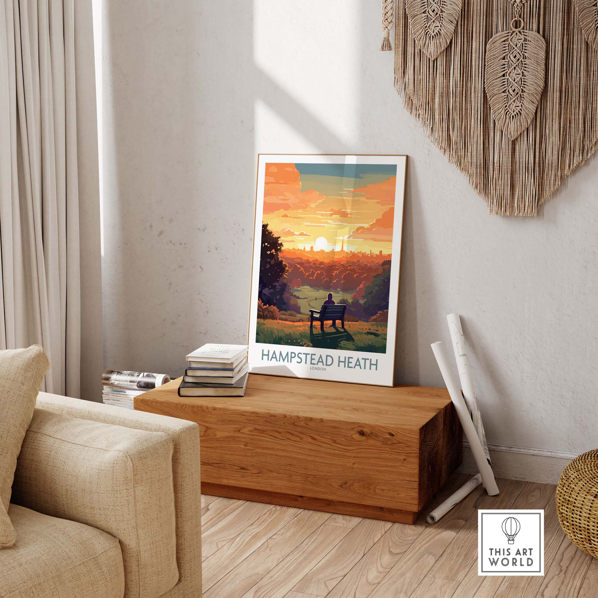 Hampstead Heath poster displayed in a cozy living room, featuring a scenic view of London during sunset.