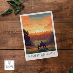 Hampstead Heath poster featuring a sunset view over London, ideal for wall art decor.