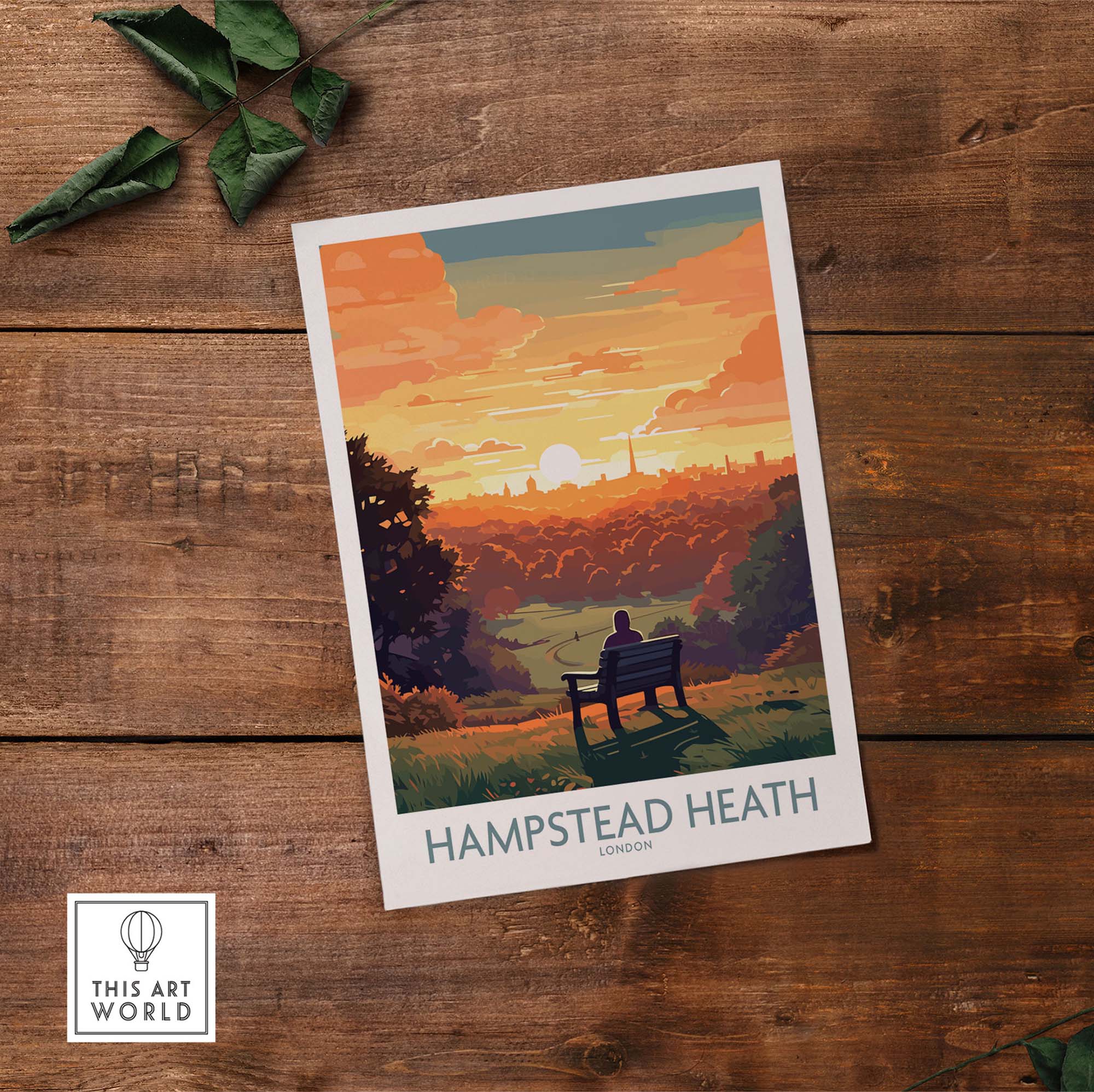 Hampstead Heath poster featuring a sunset view over London, ideal for wall art decor.