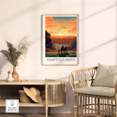 Hampstead Heath poster featuring a vibrant sunset over London, framed and displayed in a cozy living room setting.