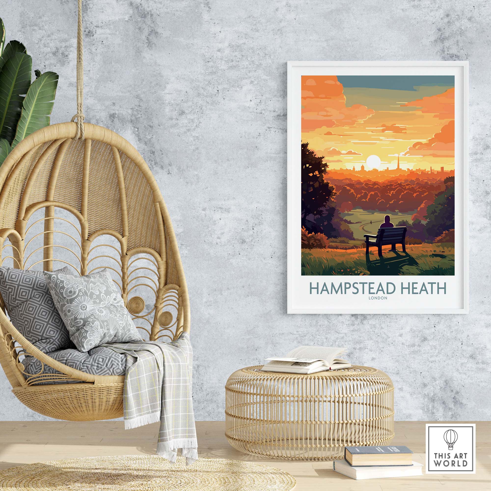 Hampstead Heath poster featuring a sunset view over London, displayed in a cozy interior setting with a hanging chair.