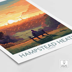 Hampstead Heath poster featuring a sunset view over London with a silhouette on a park bench, perfect for wall art.