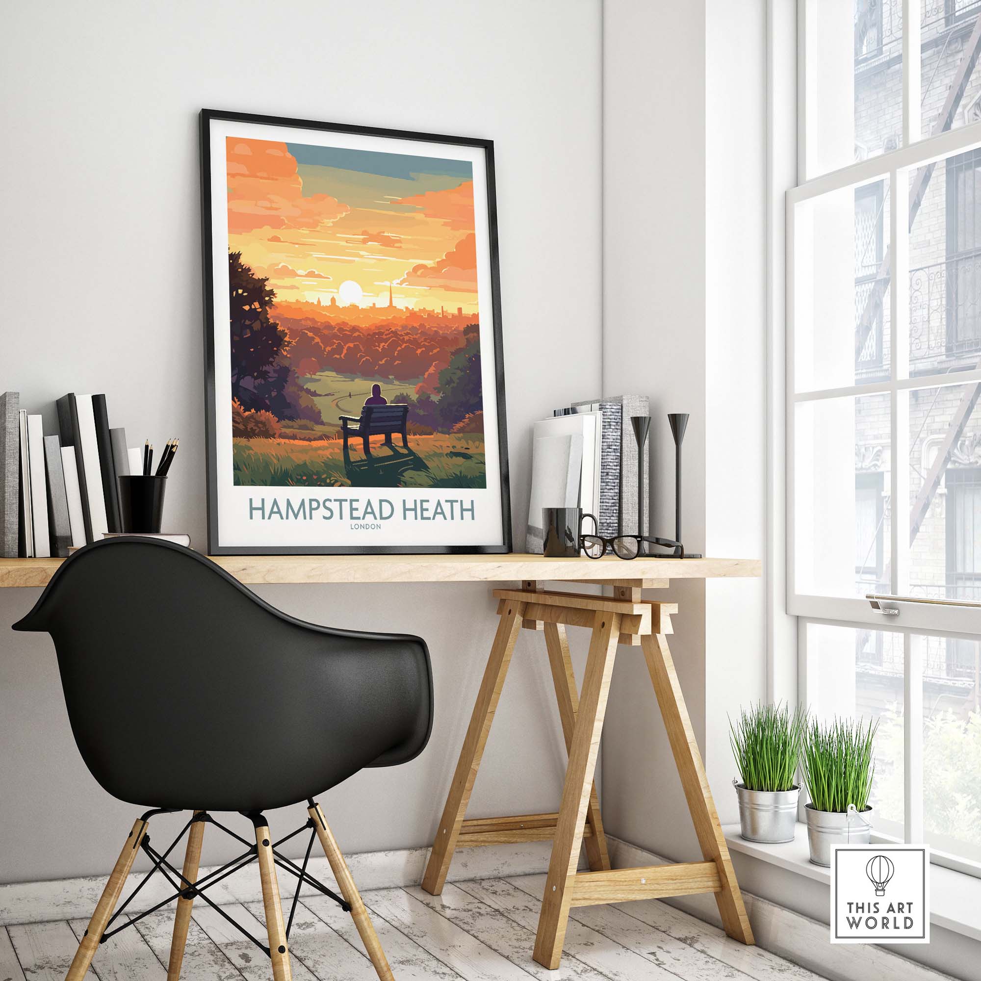 Hampstead Heath poster featuring a sunset skyline, displayed in a modern workspace with stylish furniture.