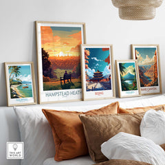 Hampstead Heath poster displayed with other travel prints in a stylish living room setting, showcasing London wall art.