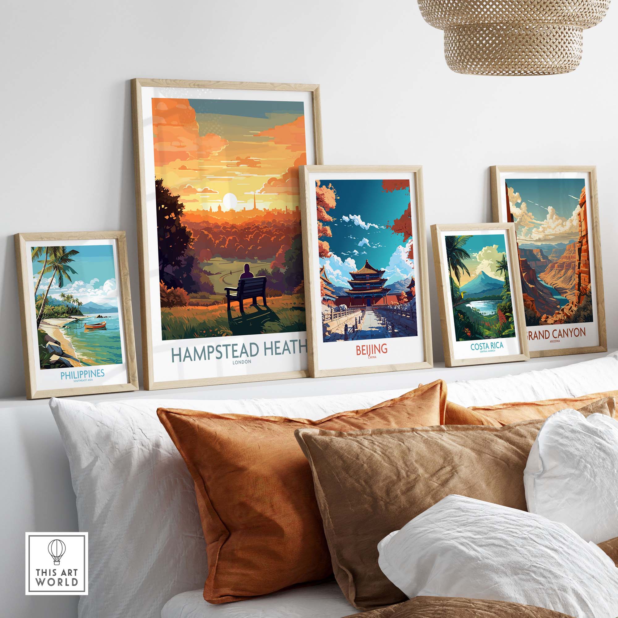 Hampstead Heath poster displayed with other travel prints in a stylish living room setting, showcasing London wall art.