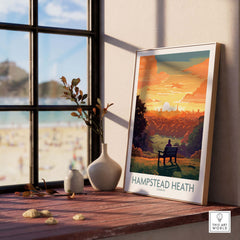 Hampstead Heath poster showcasing a sunset view of London, displayed on a windowsill with plants and decorative items.