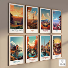 Collection of travel posters featuring Hampstead Heath, Paris, Florence, Tokyo, Reykjavik, Amsterdam, Copenhagen, and Barcelona.