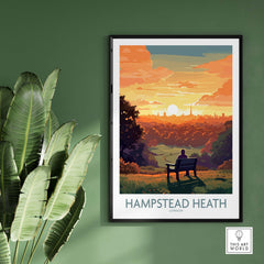 Hampstead Heath poster featuring a sunset view of London, perfect for wall art and home decor.