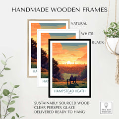 Handmade wooden frames in natural, white, and black showcasing the Hampstead Heath poster ready to hang.