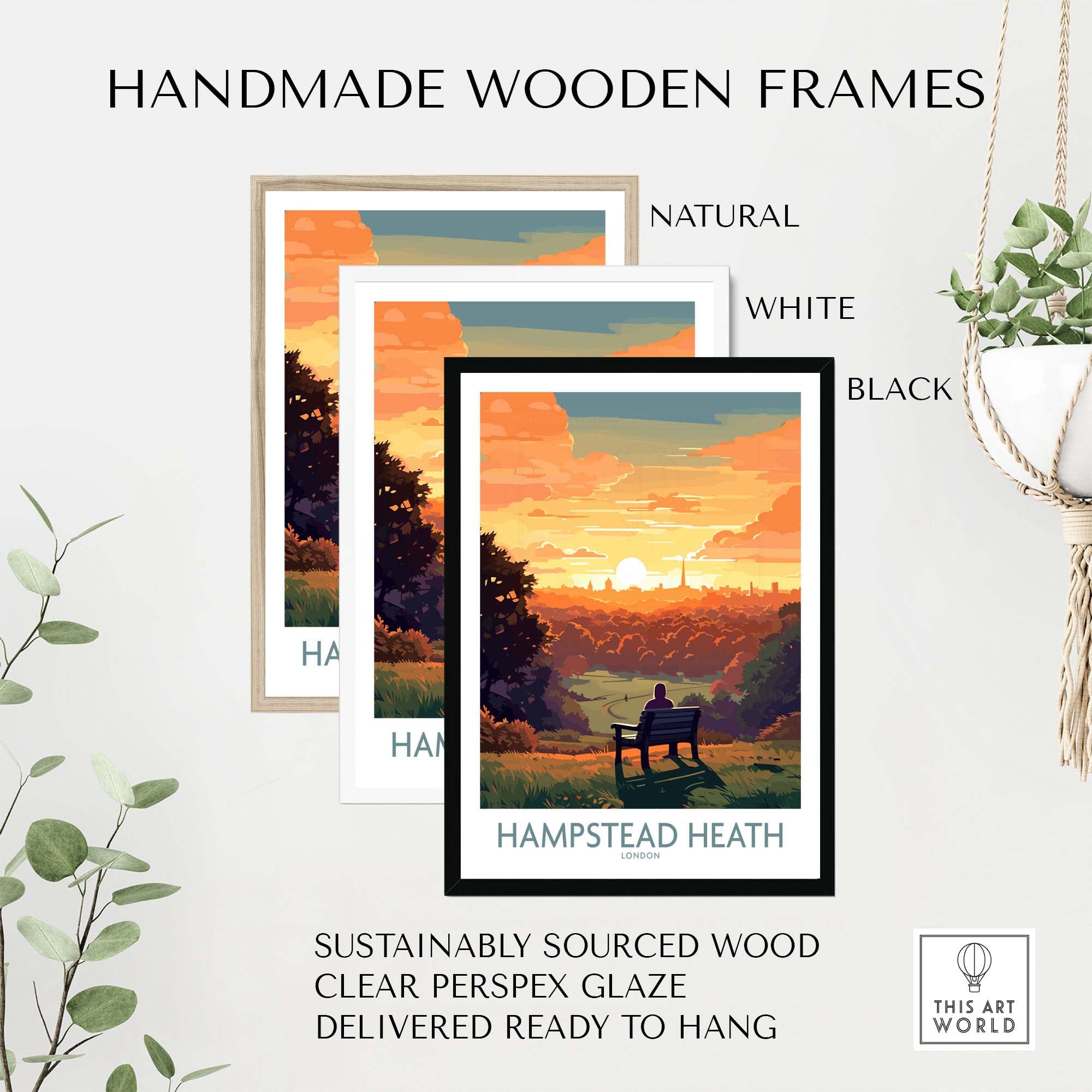 Handmade wooden frames in natural, white, and black showcasing the Hampstead Heath poster ready to hang.