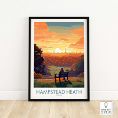 Hampstead Heath poster featuring a sunset view of London, framed and displayed on a wall, perfect for wall art collection.