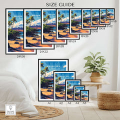 Size guide showcasing Hawaii Coastal Art - Mauna Kea Beach Print, Tropical Seascape Poster in various frame sizes.