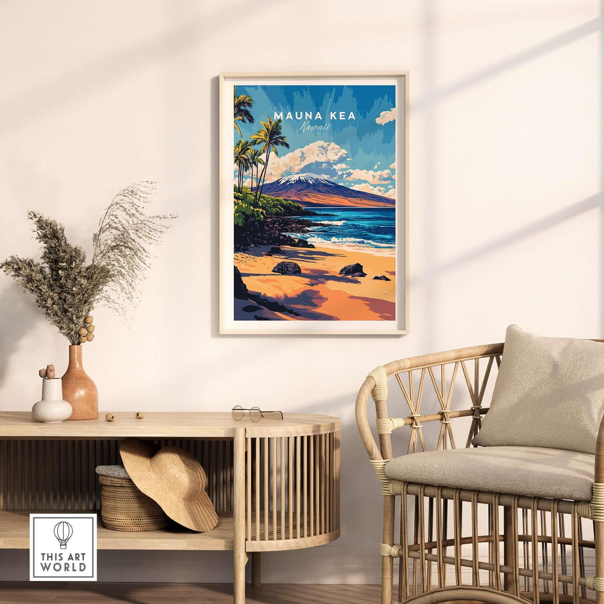 Hawaii Coastal Art - Mauna Kea Beach Print, Tropical Seascape Poster showcased in a modern living room setting.