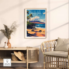 Hawaii Coastal Art - Mauna Kea Beach Print, Tropical Seascape Poster showcased in a modern living room setting.