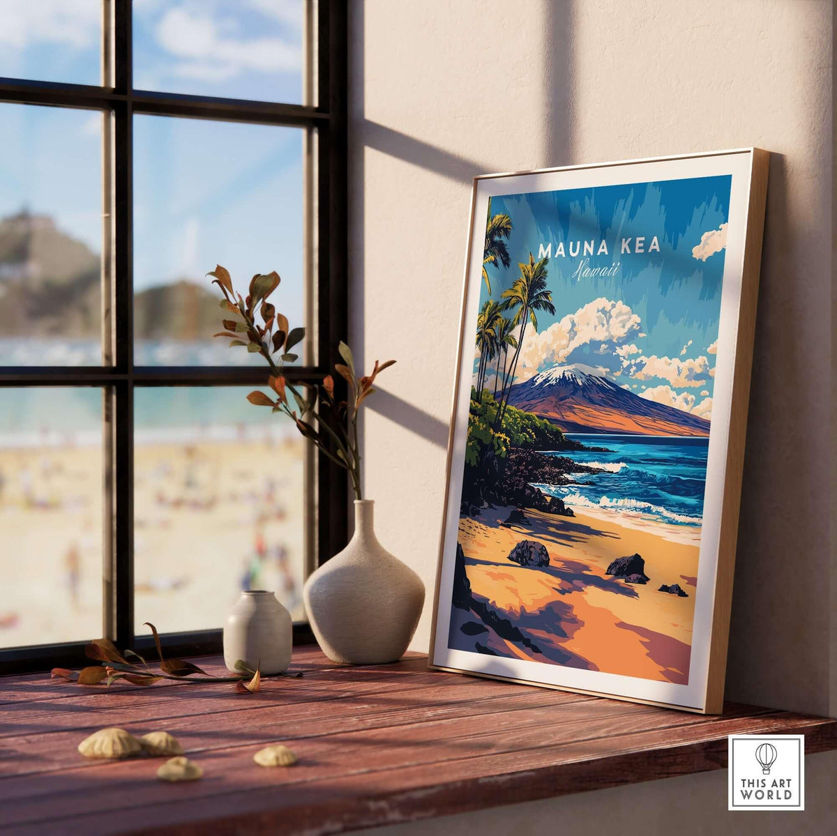 Hawaii Coastal Art - Mauna Kea Beach Print, Tropical Seascape Poster displayed in a sunny interior with ocean view.
