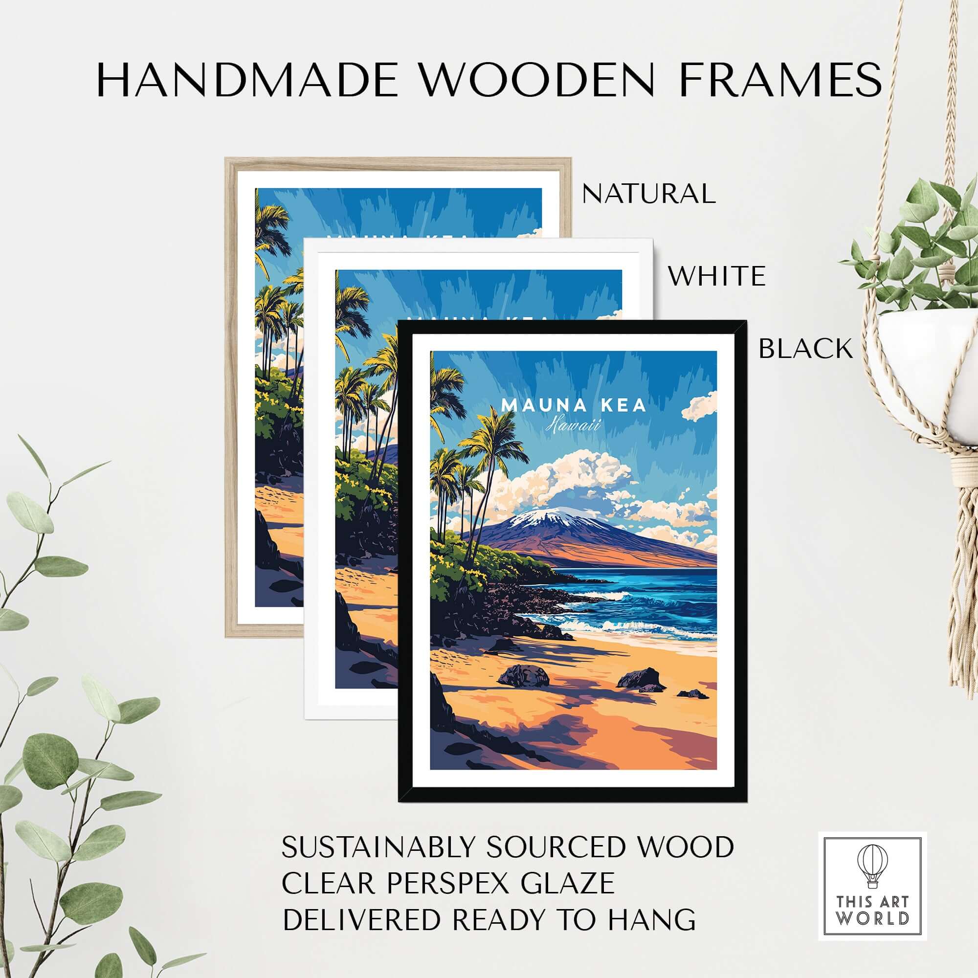 Hawaii Coastal Art - Mauna Kea Beach Print, Tropical Seascape Poster in handmade wooden frames.
