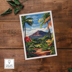 Hawaii Landscape Wall Art - Mauna Kea Mountain Print, Tropical Paradise vibrant poster featuring Mauna Kea and tropical foliage.