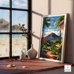 Hawaii Landscape Wall Art - Mauna Kea Mountain Print, Tropical Paradise displayed on a table with a beach view.