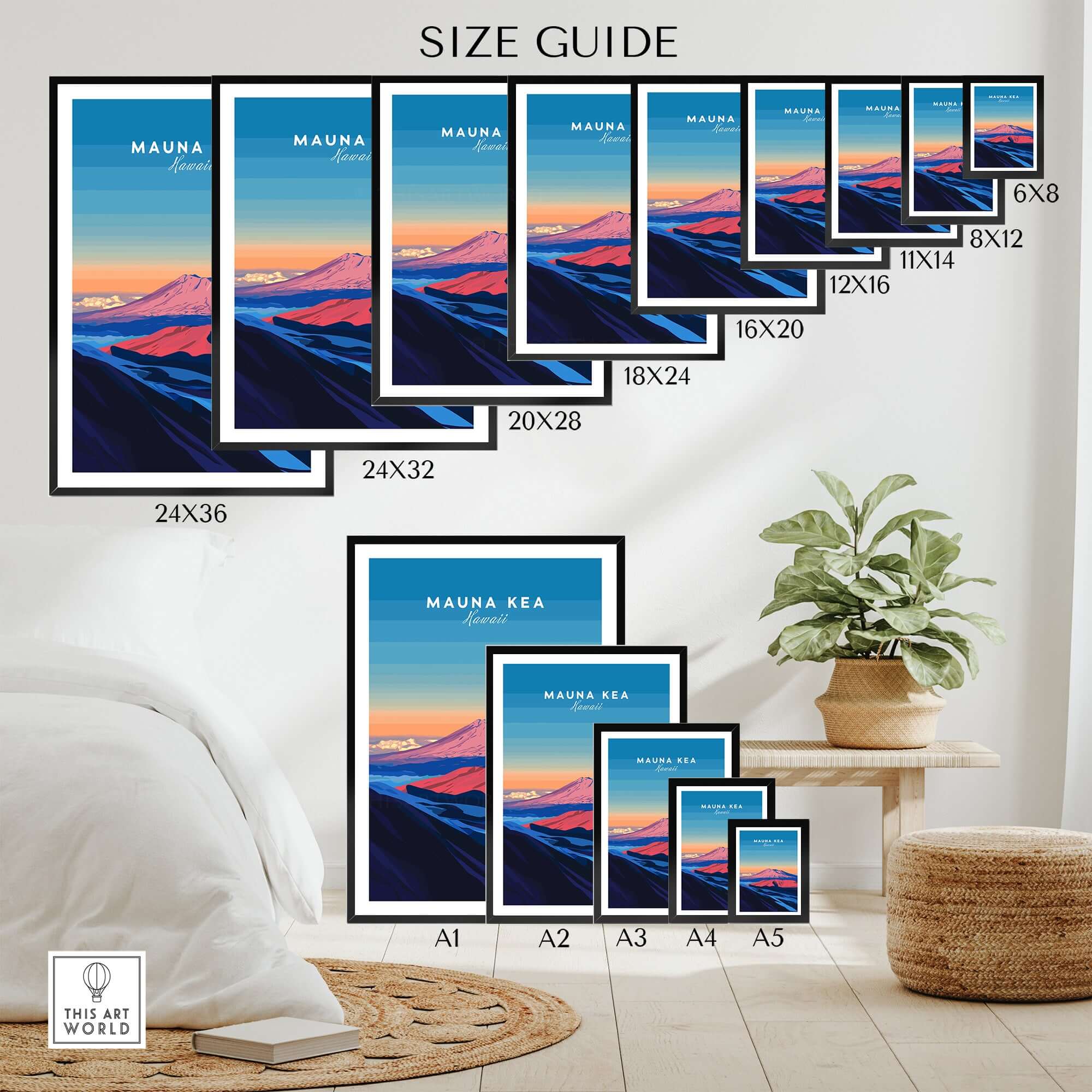 Hawaii Mountain Art Print - Mauna Kea Landscape Poster, Island Scene size guide showing various frame sizes.