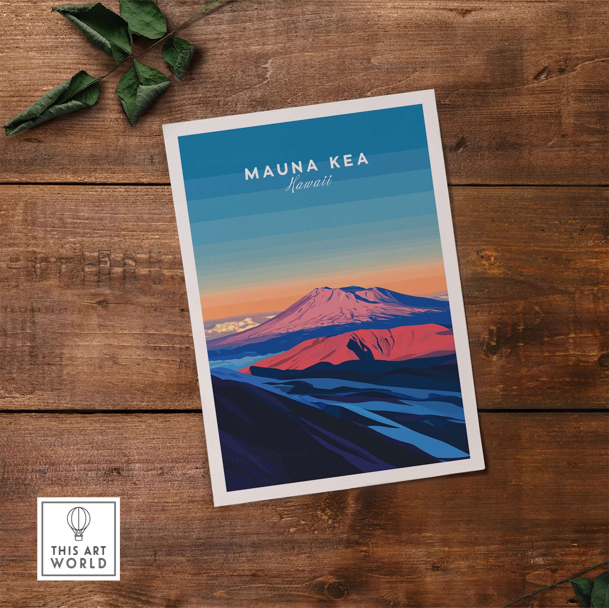 Hawaii Mountain Art Print - Mauna Kea Landscape Poster, Island Scene showcasing a vibrant Mauna Kea at sunset.