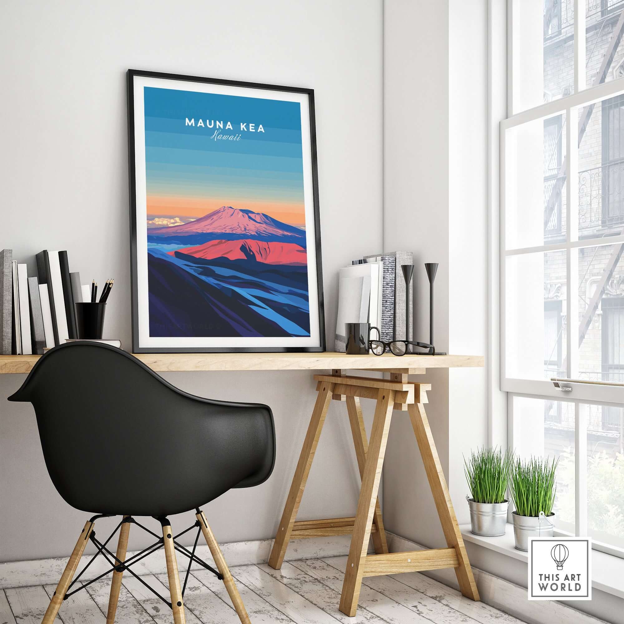 Hawaii Mountain Art Print - Mauna Kea Landscape Poster, Island Scene hanging in a modern workspace.