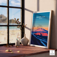 Hawaii Mountain Art Print - Mauna Kea Landscape Poster, Island Scene displayed on a wooden table near a sunny window.