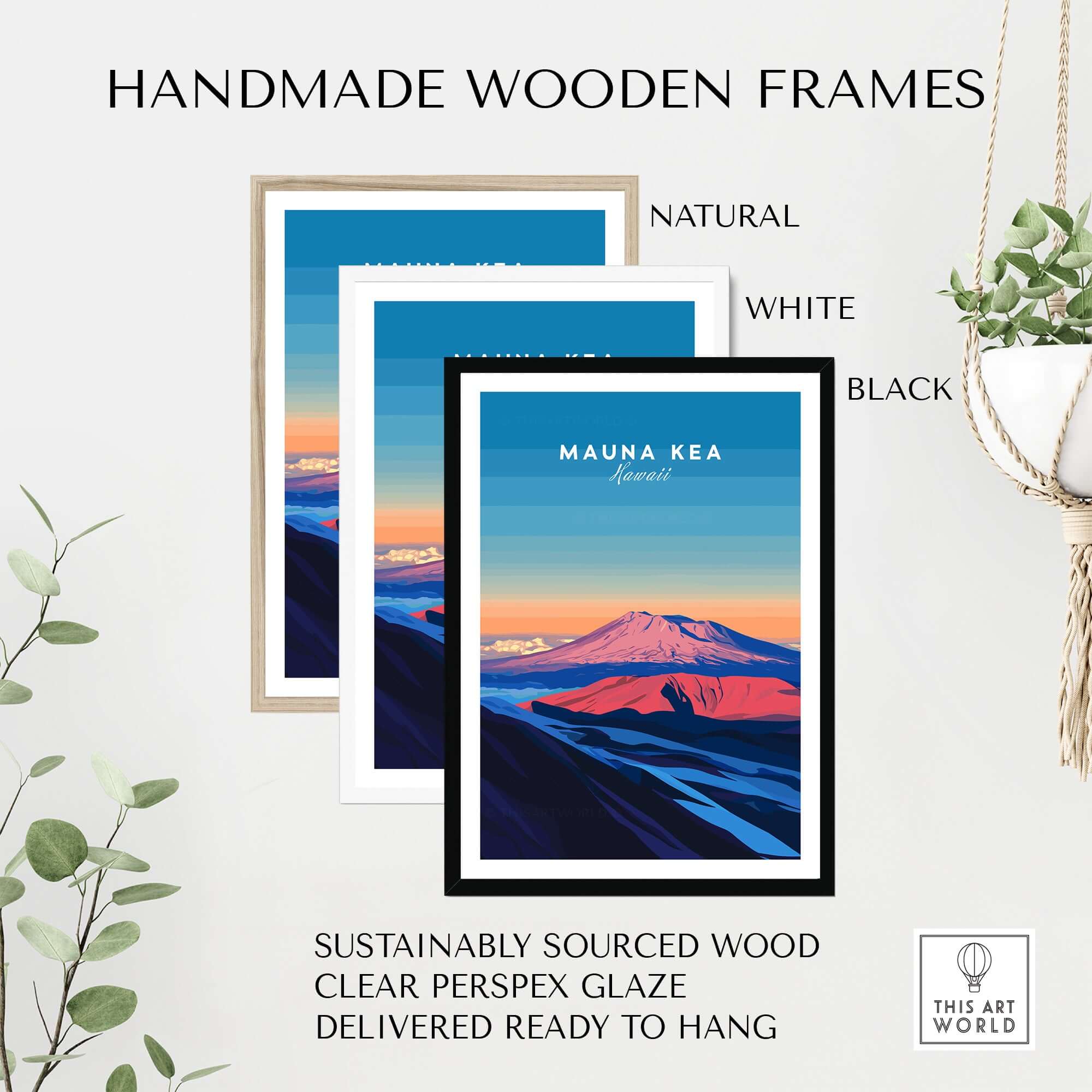 Hawaii Mountain Art Print - Mauna Kea Landscape Poster, Island Scene displayed in handmade wooden frames in natural, white, and black.