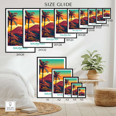 Hawaii Volcano Wall Art - Mauna Kea Sunset Print size guide for tropical island decor options.