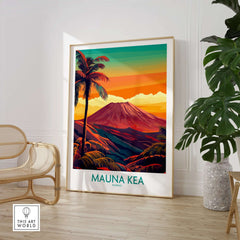 Hawaii Volcano Wall Art - Mauna Kea Sunset Print, Tropical Island Decor in a modern living room setting.