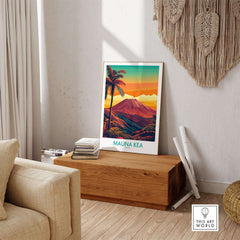 Hawaii Volcano Wall Art - Mauna Kea Sunset Print, Tropical Island Decor displayed in a stylish living room setting.