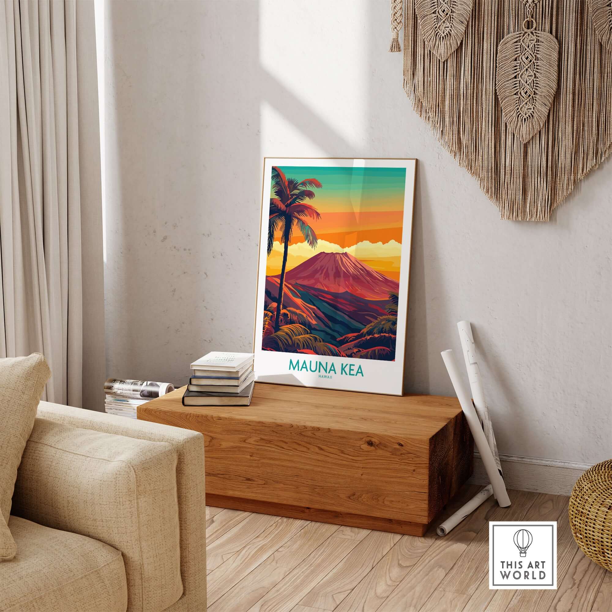 Hawaii Volcano Wall Art - Mauna Kea Sunset Print, Tropical Island Decor displayed in a stylish living room setting.